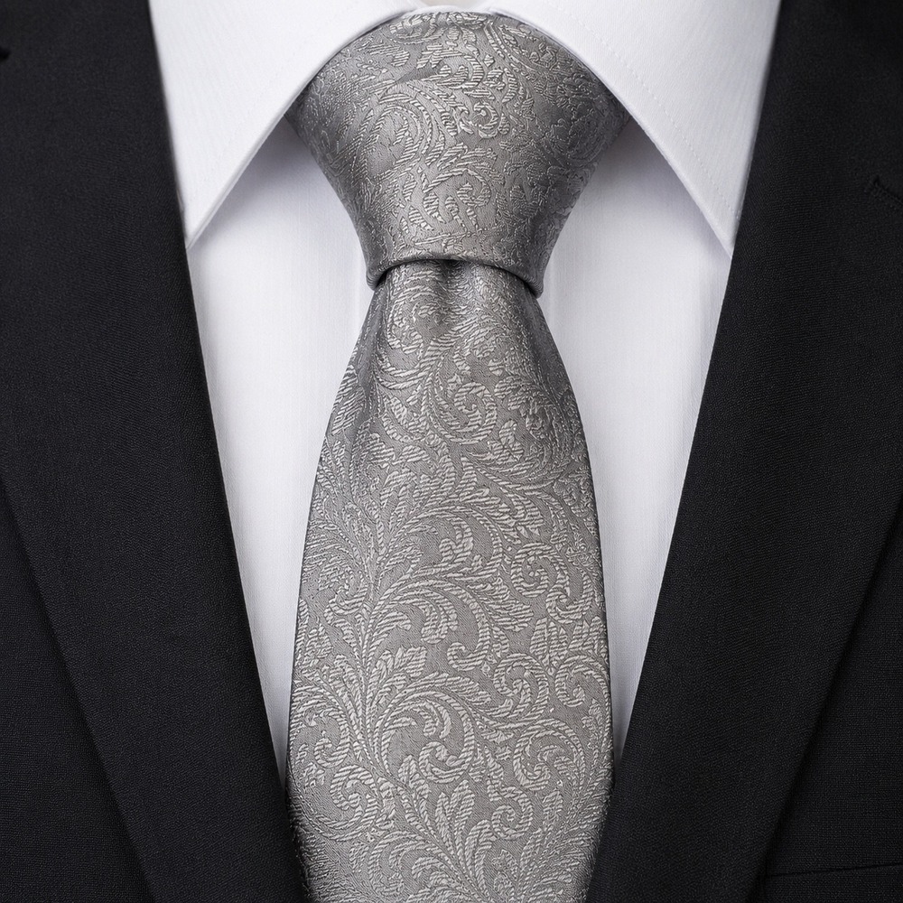 Silver Grey Paisley Floral 100% Silk Jacquard Woven Mens Necktie Regencycore